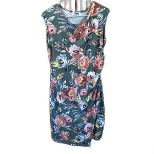 Verse Dress Green Floral Print L Ruched Faux Wrap USA Stretch Pullover
